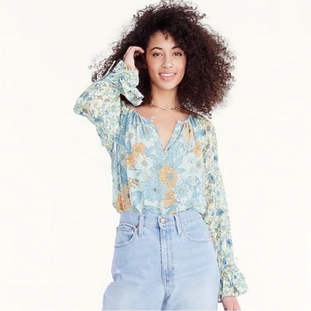 J.Crew Flutter Cuff Crinkle Chiffon Top-Zinnia Floral Size Medium